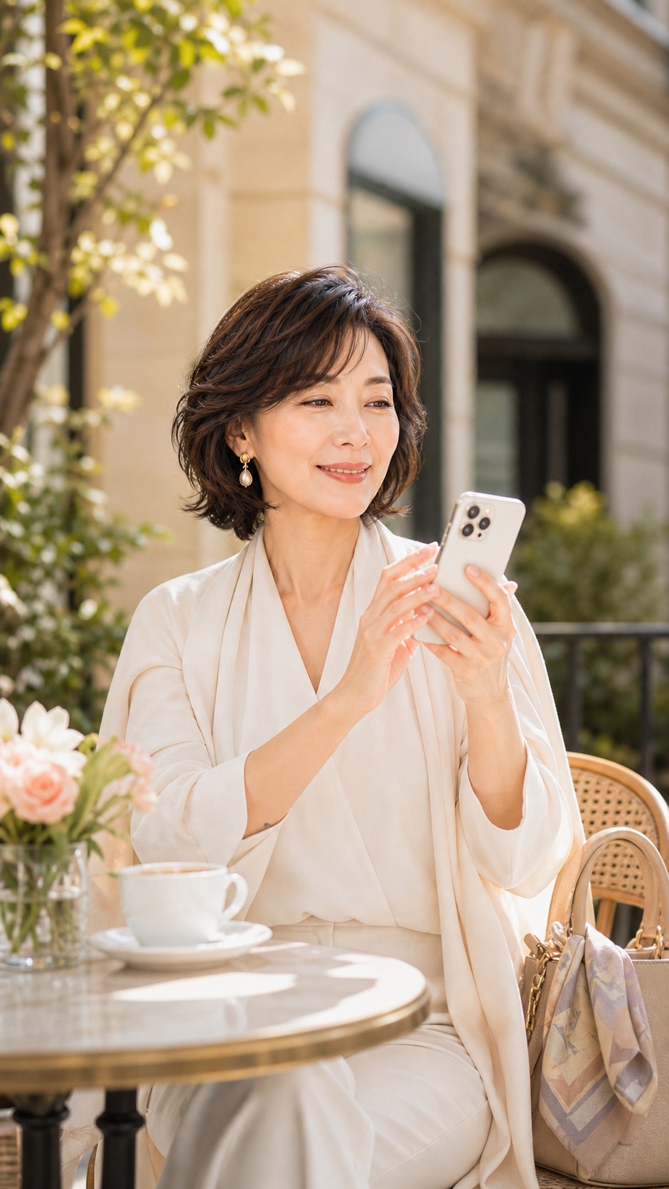 外出先で写真を楽しみながら穏やかに微笑む女性。