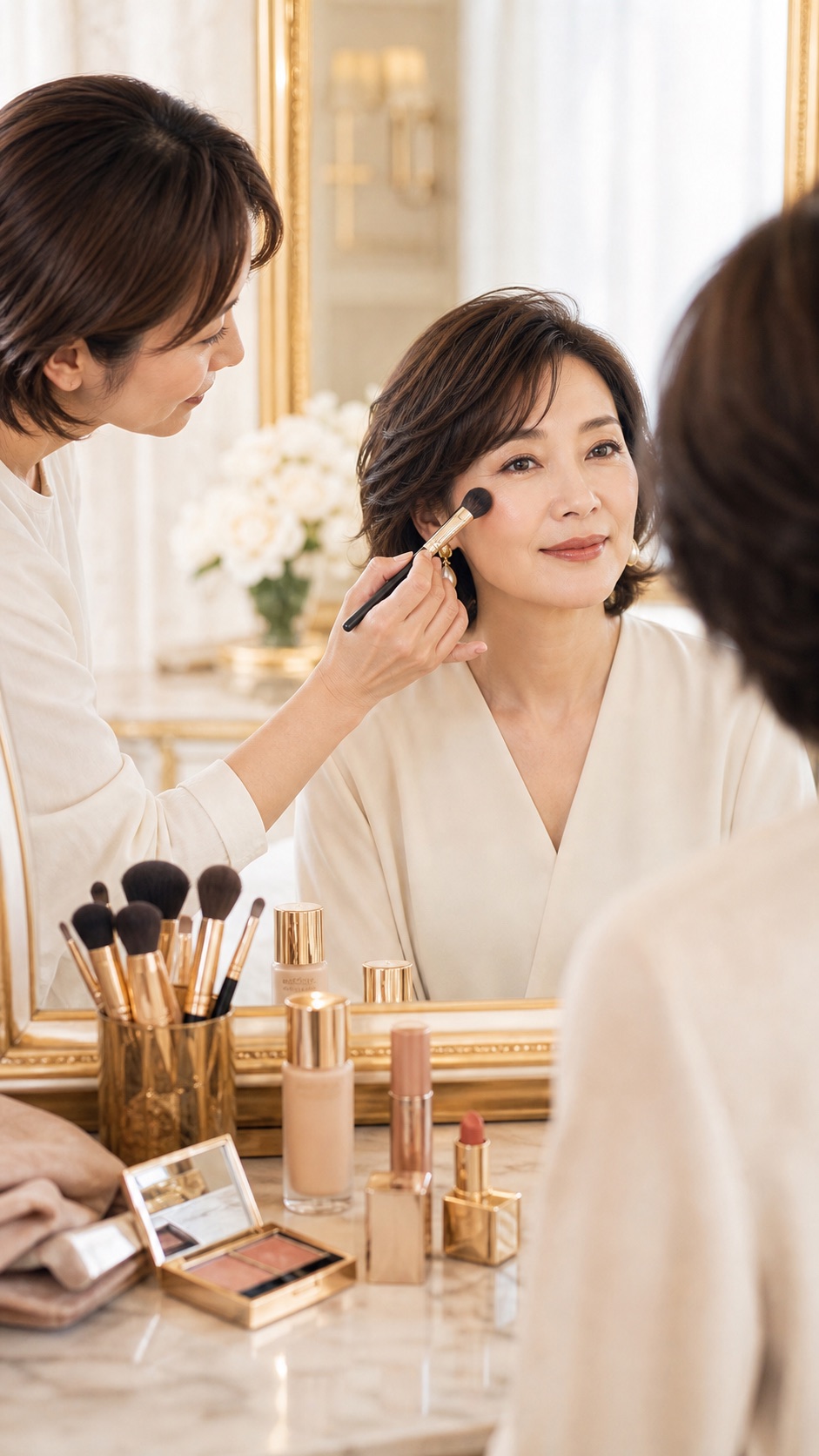 実践レッスンでメイクの手順を丁寧に学ぶ様子。